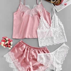 Lace Insert Sexy Satin Four Piece Pajama Set